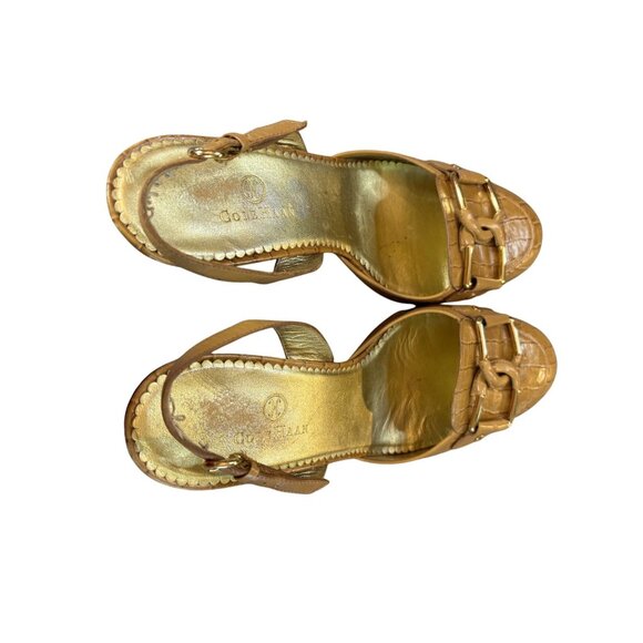 Cole Haan Tan Croc-Embossed Leather Gold Tone Buckle Slingback Heels Size 10B - Picture 6 of 8